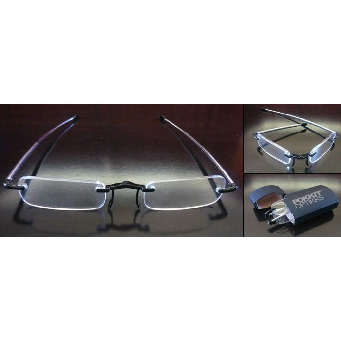 Pokkit Optikks frameless folding reading glasses unfolded on table